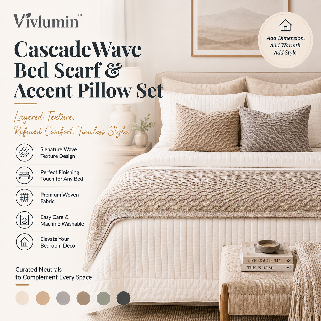 Vivlumin™ CascadeWave Textured Bed Scarf & Accent Pillow Set